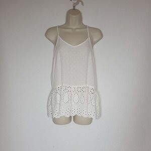 New Sim & Sam Medium Tank Top White Swiss Dot Eyelet Trim Cottagecore‎